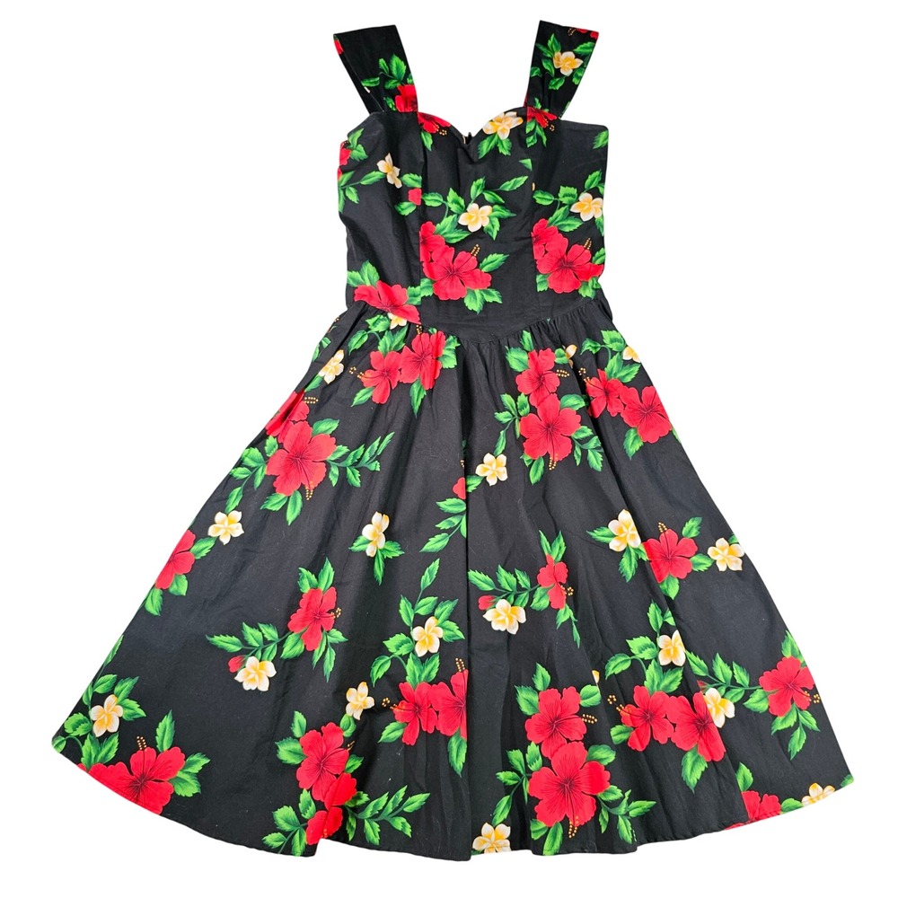 Vintage Royal Creations Hawaiian Dress Black Red Hibiscus Floral Midi Smocked M